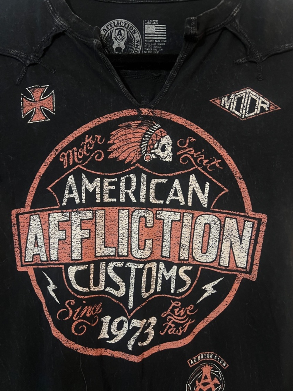 Affliction Black Tee with Coral and White Crest Graphic